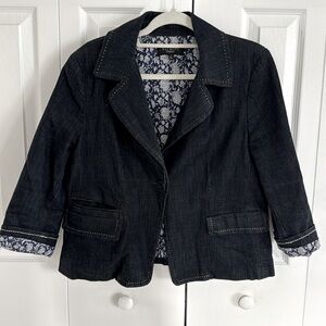 Talbots Dark Wash Denim Blazer Jacket  Blue/White Stitching Floral Lining - 12